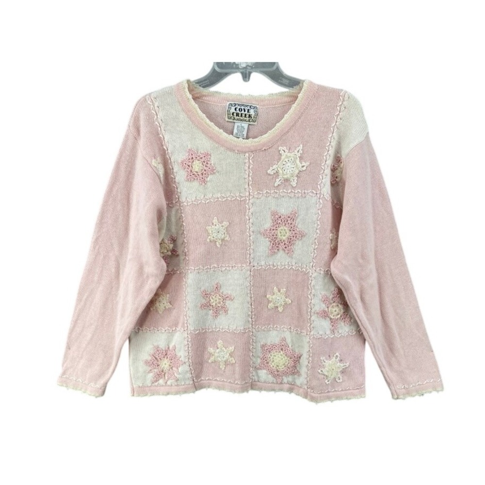 VTG Cove Creek Sweater Sz L Snowflakes Beaded Embroidered Ugly Sweater‎ Pink